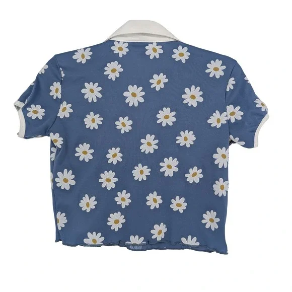 Uncivilized VTG 90s Y2K Daisy Polo Shirt Women S Blue Floral V-Neck Baby Tee - Picture 2 of 8
